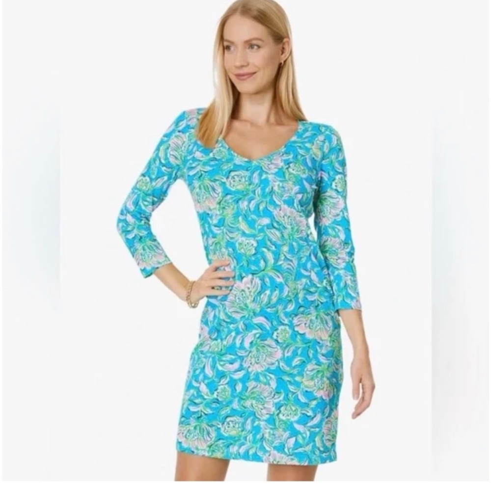 Lilly Pulitzer Tessa 3/4 Sleeve V-Neck Dress Cumulus Blue Chick Magnet